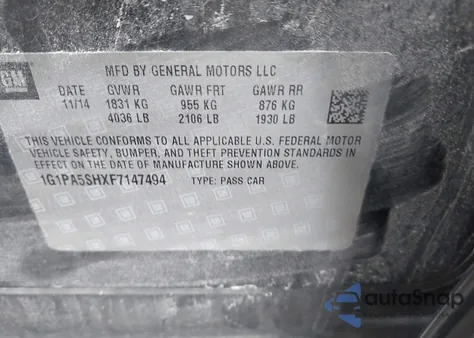 2015 Chevrolet Cruze Ls Auto z USA, uszkodzony, nr VIN 1G1PA5SHXF7147494